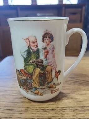 Norman Rockwell Museum Porcelain Mug Cup Gold Trim 1982 Japan The Cobbler